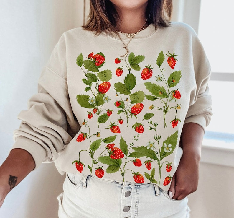 Vintage Strawberry Sweatshirt Botanical Forest Sweater