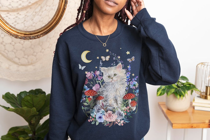 Vintage Cat Sweater Cottagecore Floral Aesthetic Sweatshirt