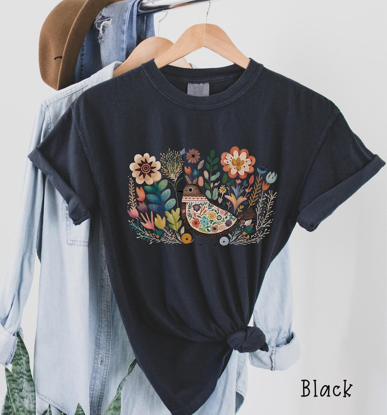 Boho Folk Art Bird Shirt Bird and Flowers Shirt