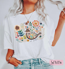 Boho Folk Art Bird Shirt Bird and Flowers Shirt