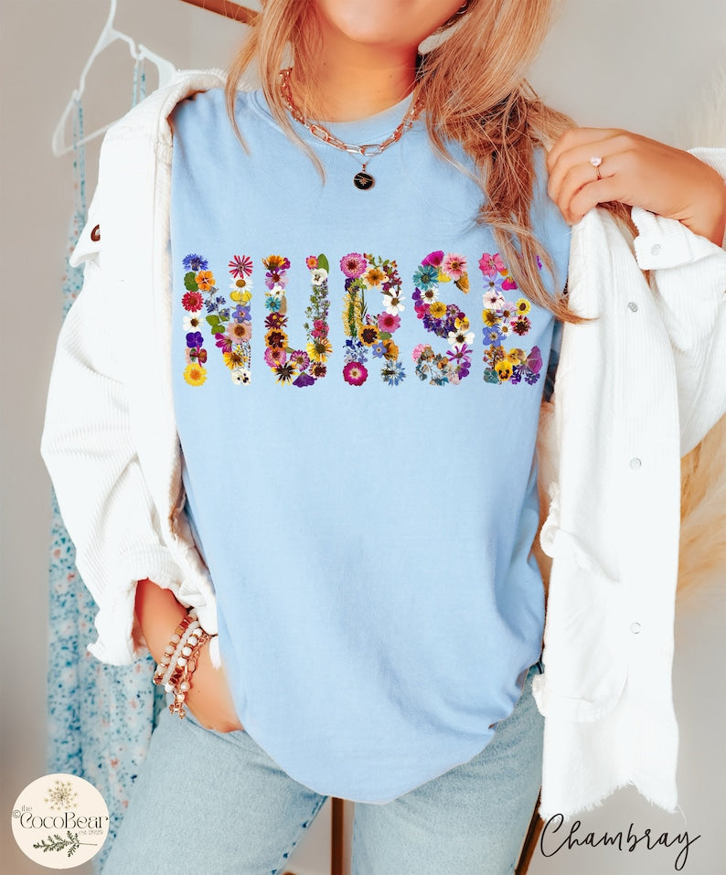 Pressed Flowers Tshirt NURSE Comfort Colors Tee