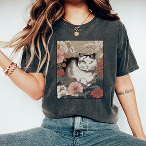 Cat Japanese Flora Asian Art T-Shirt