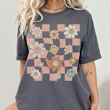 Checkered Smiley Flowers T-Shirt