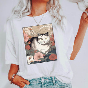 Cat Japanese Flora Asian Art T-Shirt