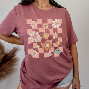 Checkered Smiley Flowers T-Shirt