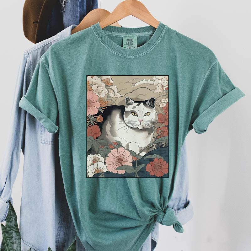 Cat Japanese Flora Asian Art T-Shirt