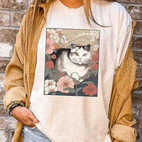 Cat Japanese Flora Asian Art T-Shirt