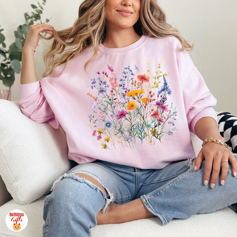 Niedliches Blumen-Sweatshirt, Schmetterlings-Wildblumen-Pullover