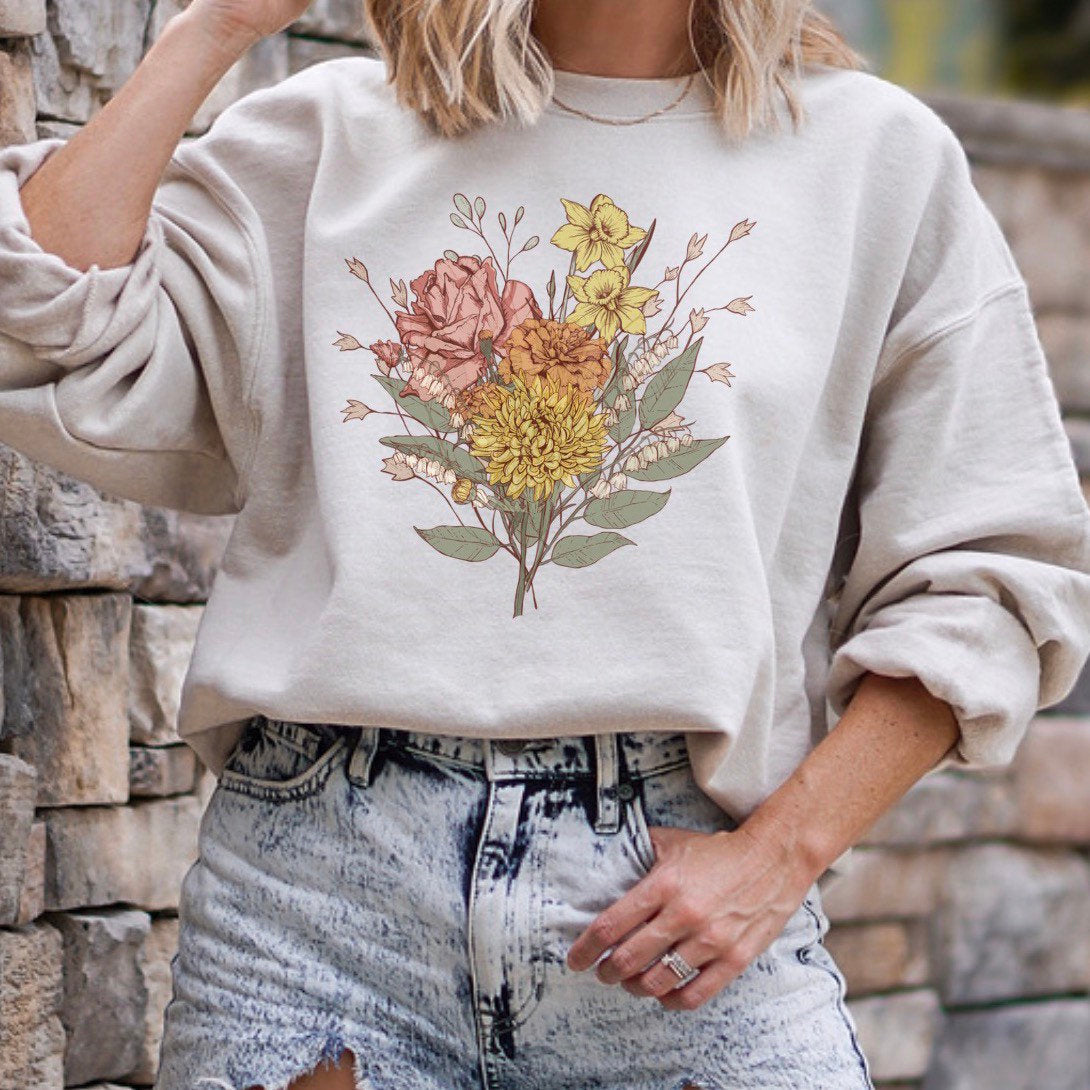 Plant Lover Gift for Mom Bouquet Round Neck Comfortable Sweatshirt